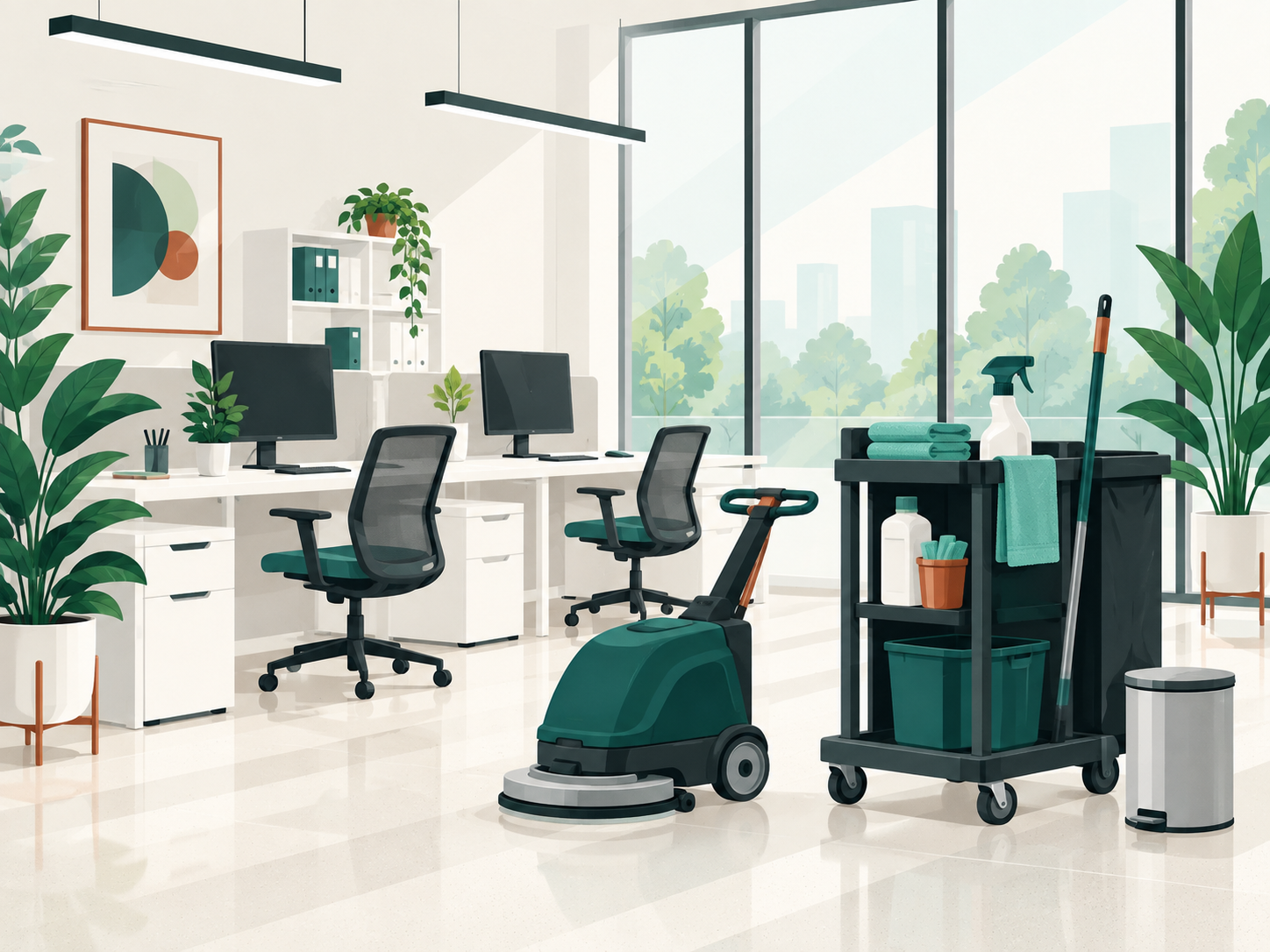 Commercial cleaning equipment in a modern office