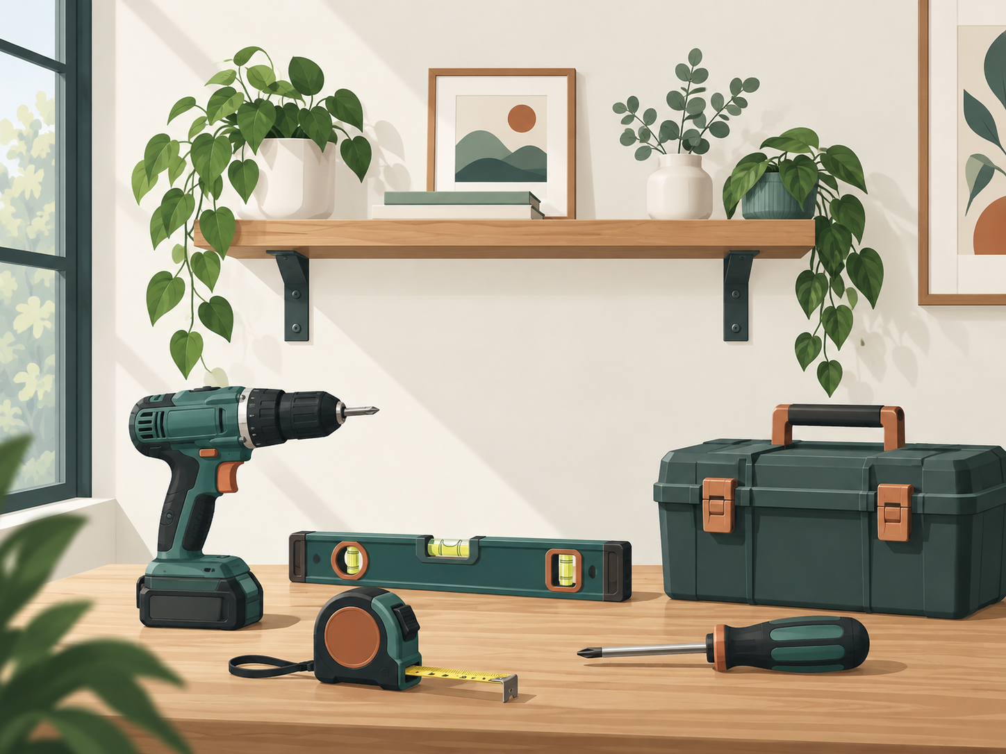 Handyman tools and shelf setup