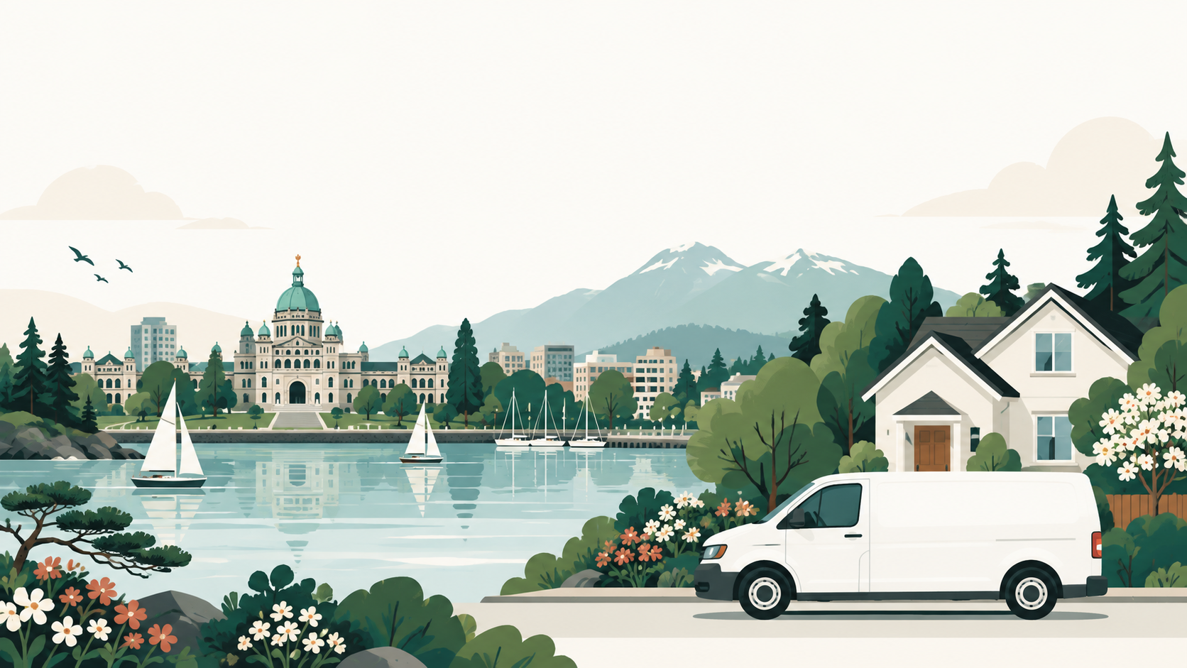 Illustrated Greater Victoria waterfront scene with service van