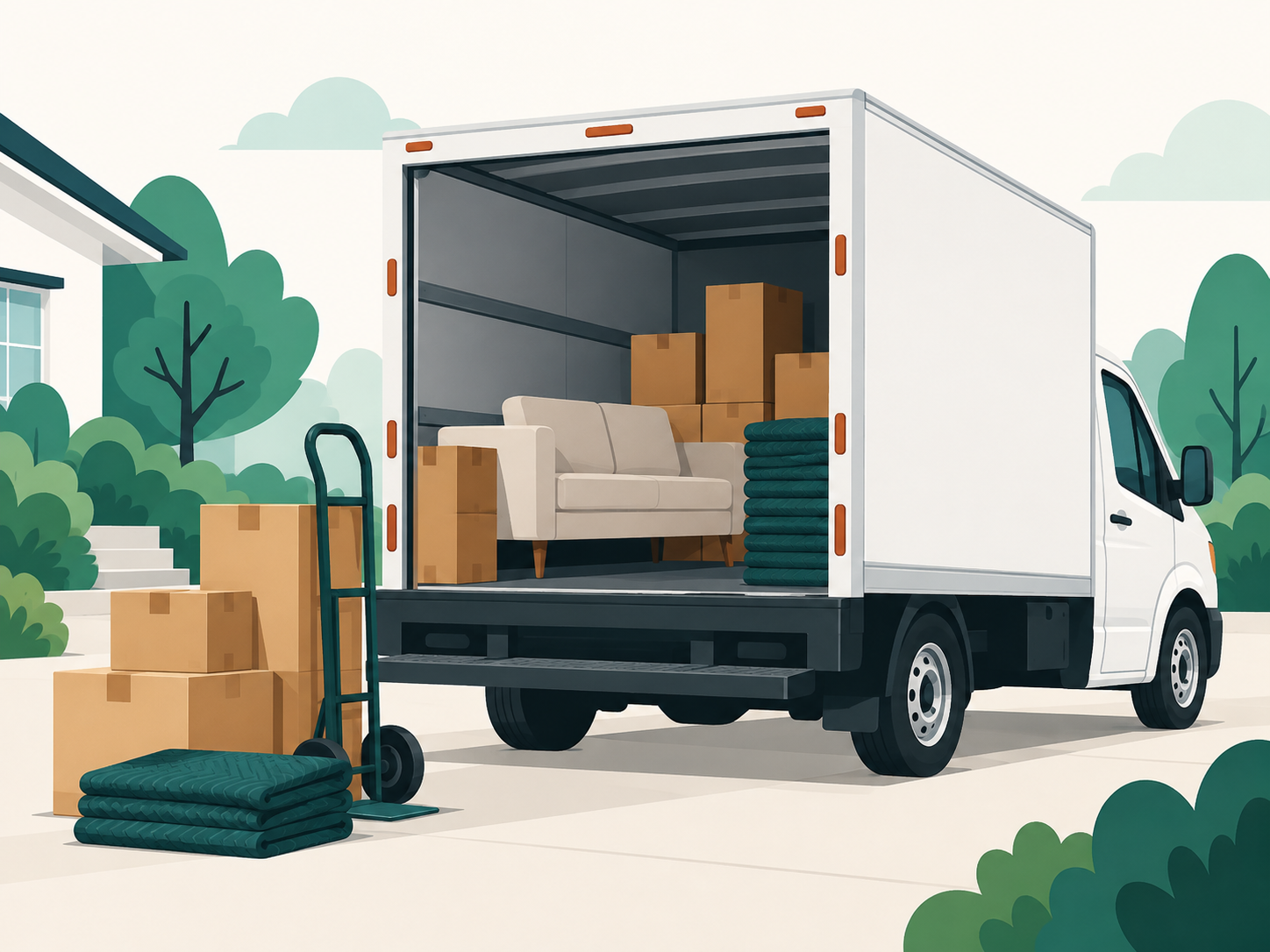 Moving truck loaded with boxes, sofa and moving equipment